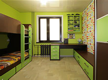Детская комната - двухярусная кровать, стол с тумбой, полки. ДСП Egger (зелёный лимон и кожа).
