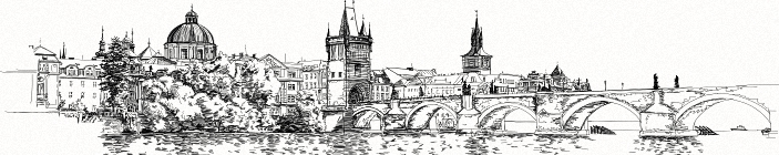 Скинали. Город и мост над рекой. Черно-белый рисунок (гравюра).